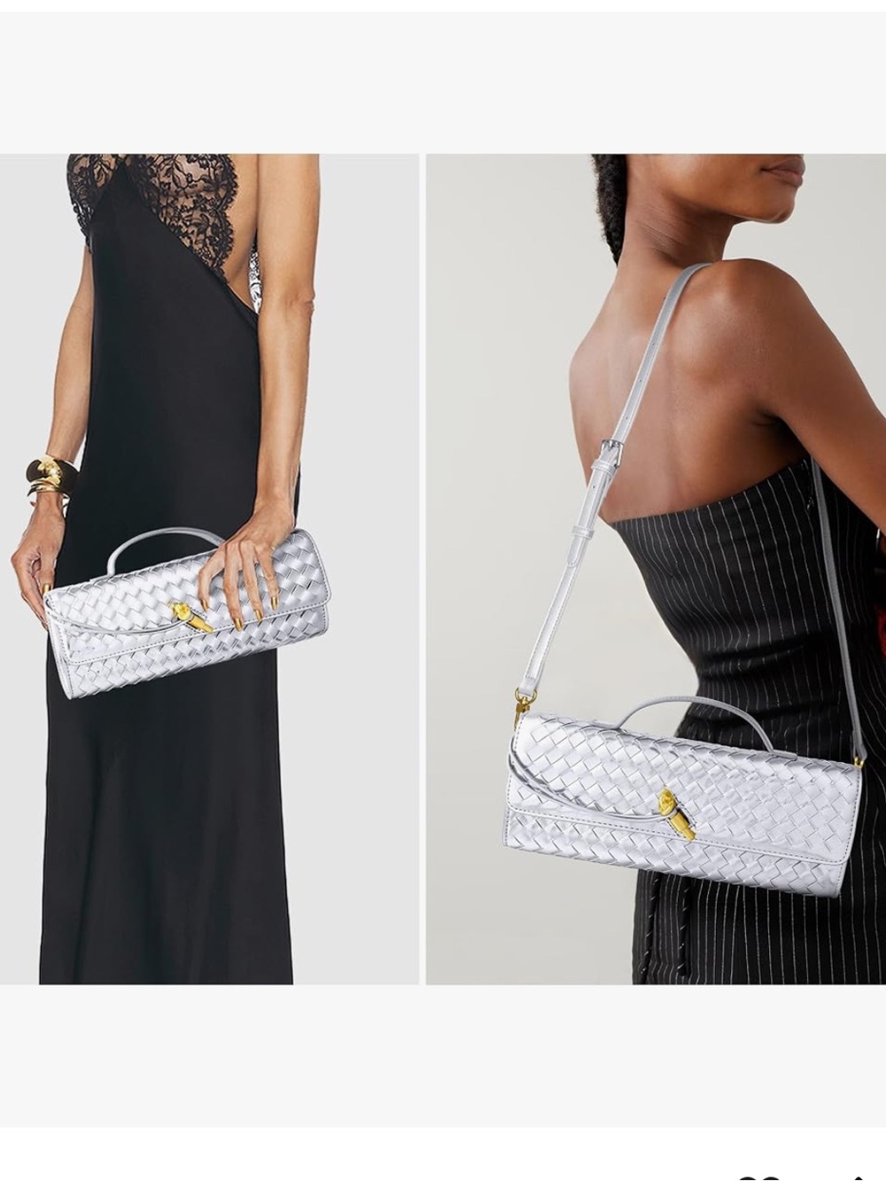 Woven Metallic Silver Shoulder Bag with Gold Accent
